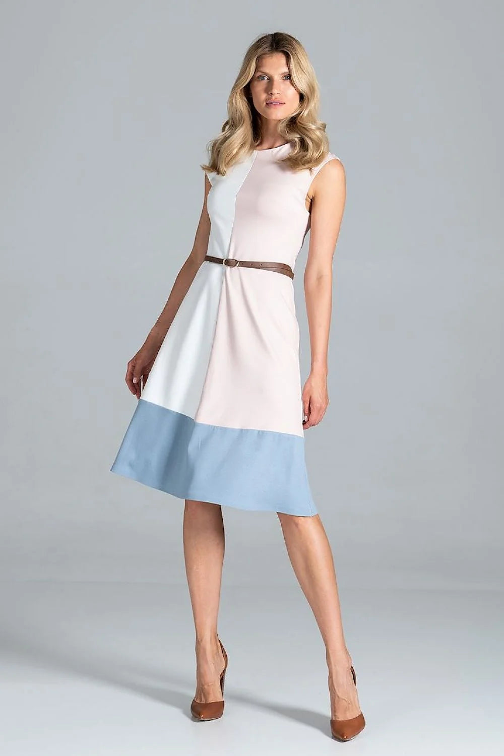 Robe élégante en coton polyester tricolore sans manches casual chic femme mi-longue été