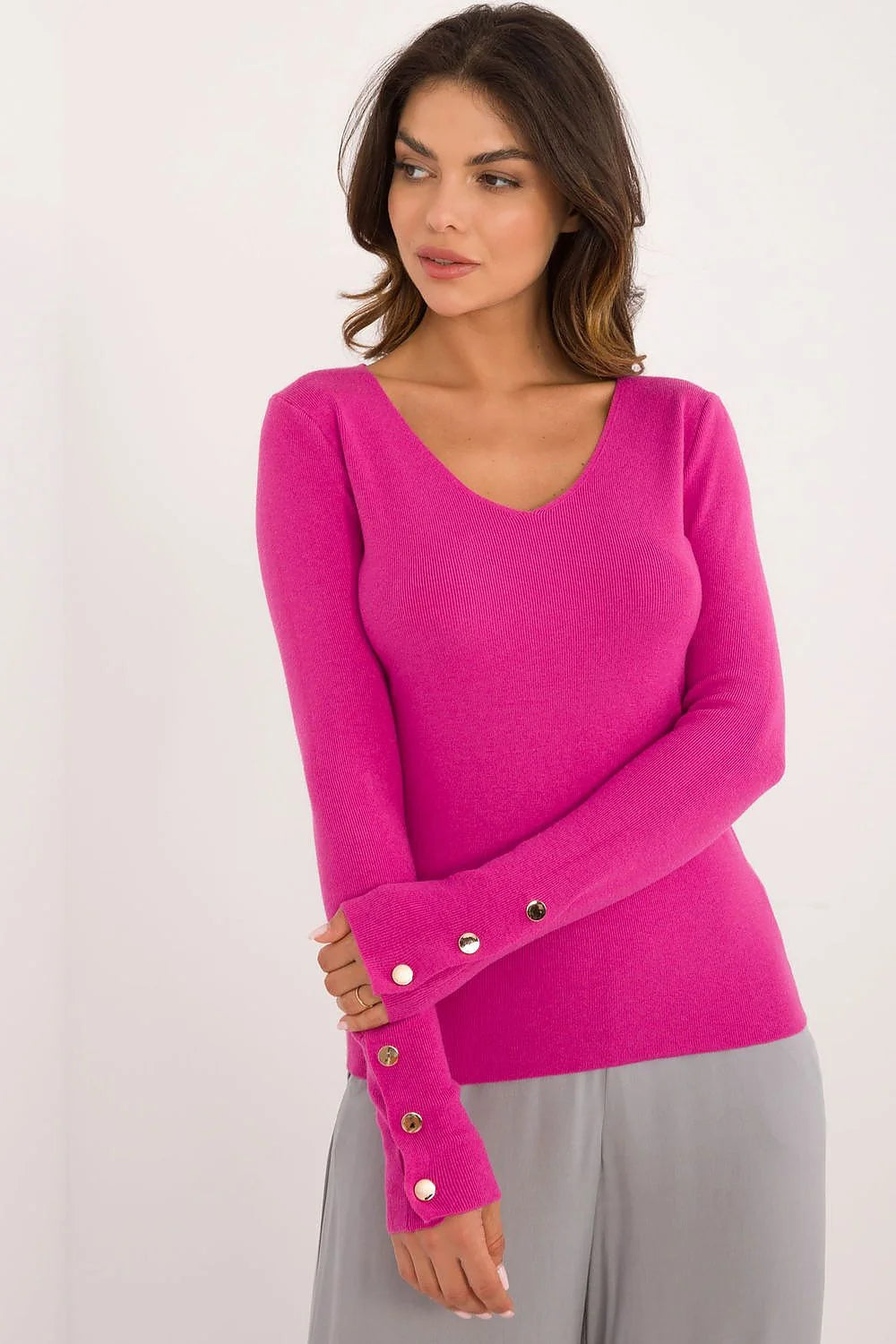 Pullover femme Chandail AT maille stretch viscose polyamide polyester longues manches boutons dorés col V élégant moderne
