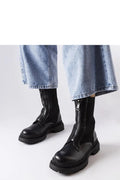 Bottines élégantes en cuir noir stretch talon bas semelle épaisse zipper femmes mode urbaine