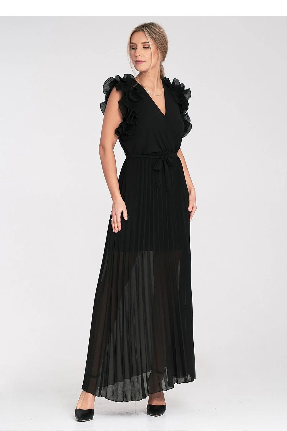 Robe longue élégante noire pour femme avec volants sur les épaules décolleté en V ceinture intégrée polyester 100 %