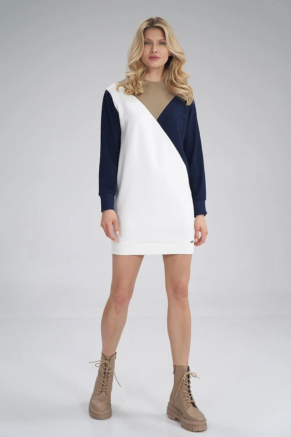 robe jour moderne tricolore coton élasthanne manches longues asymétrique coupe droite mini colorblock blanc marine beige molleton côtelés confortable ajustée