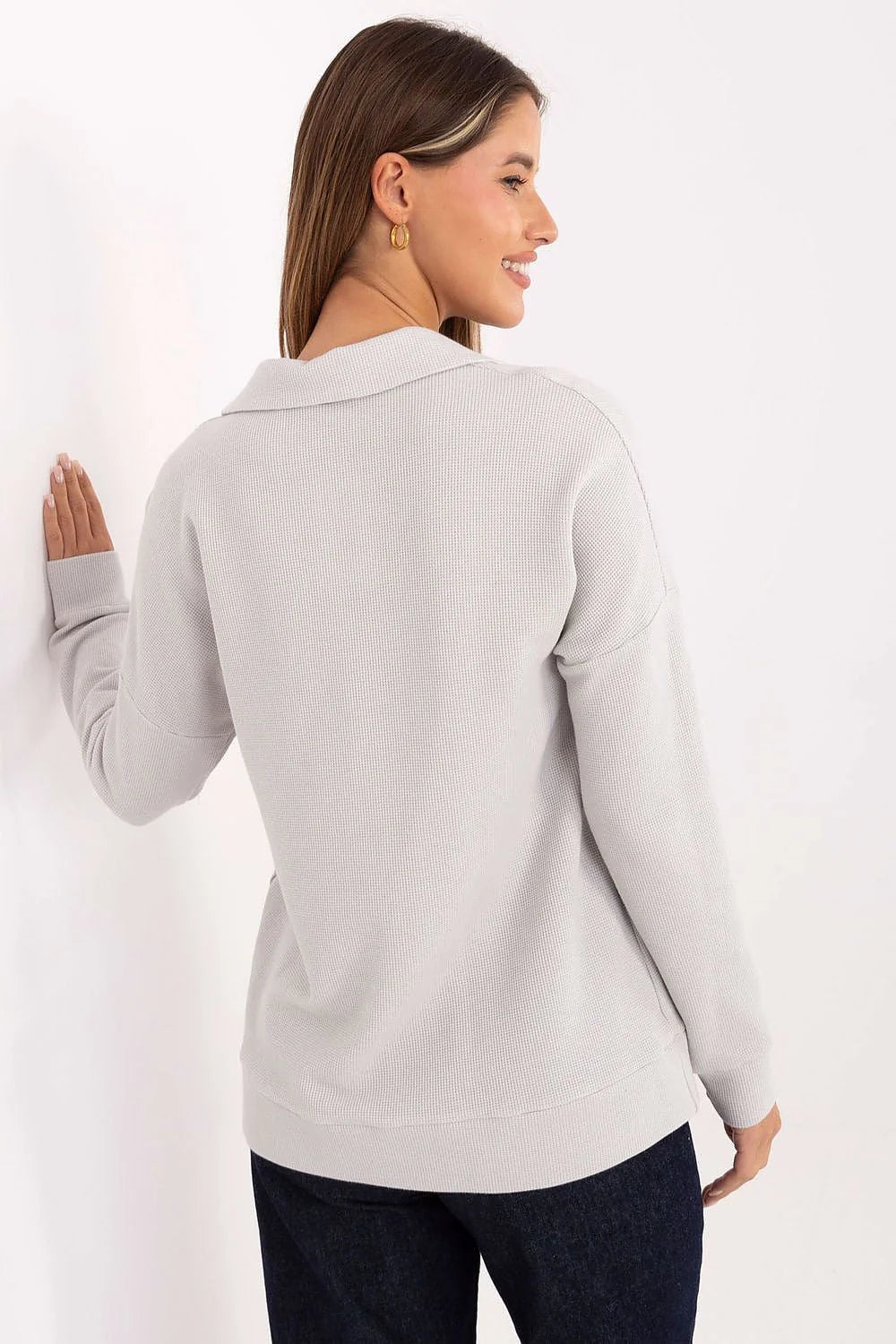 polo femme coton élasthanne maille gaufrée texturée thermique col polo patte trois boutons manches longues épaules tombantes oversize
