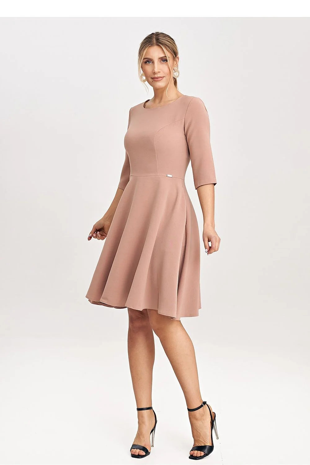 Robe de jour élégante robe évasée manches 3/4 taille ajustable femme robe classique fermeture glissière dissimulée