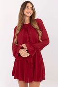 robe courte bordeaux chiffon manches longues bouffantes encolure ronde noeud fleur décoratif taille élastique jupe évasée volants poignets doublure légère