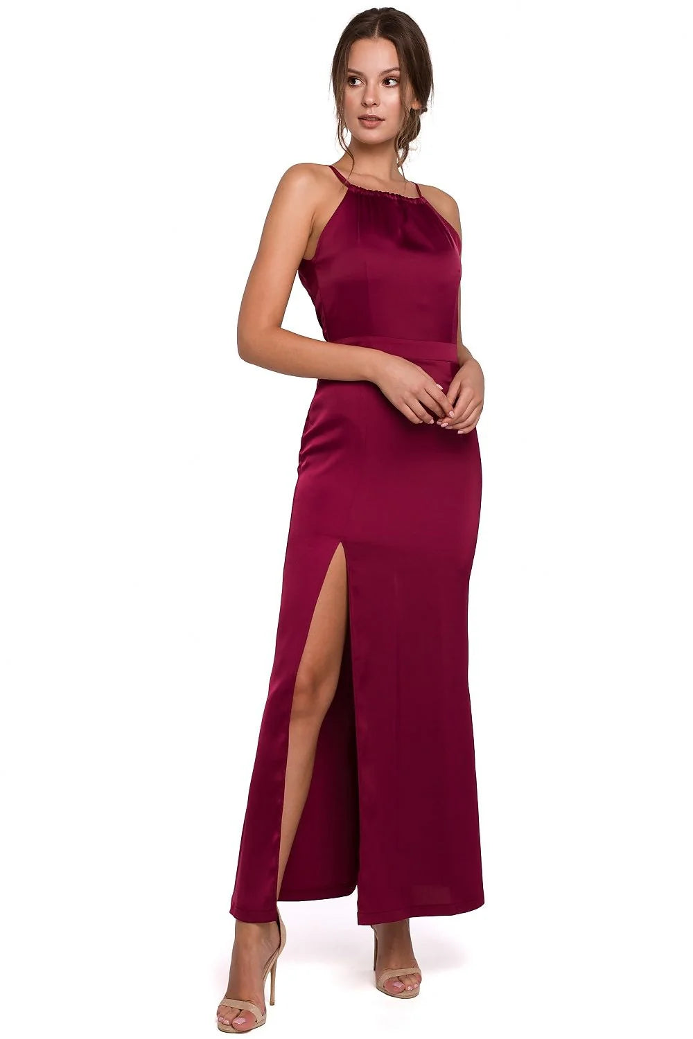 Robe longue satinée vert émeraude élégante fendue ajustée pour soirées glamour femme Makover chic