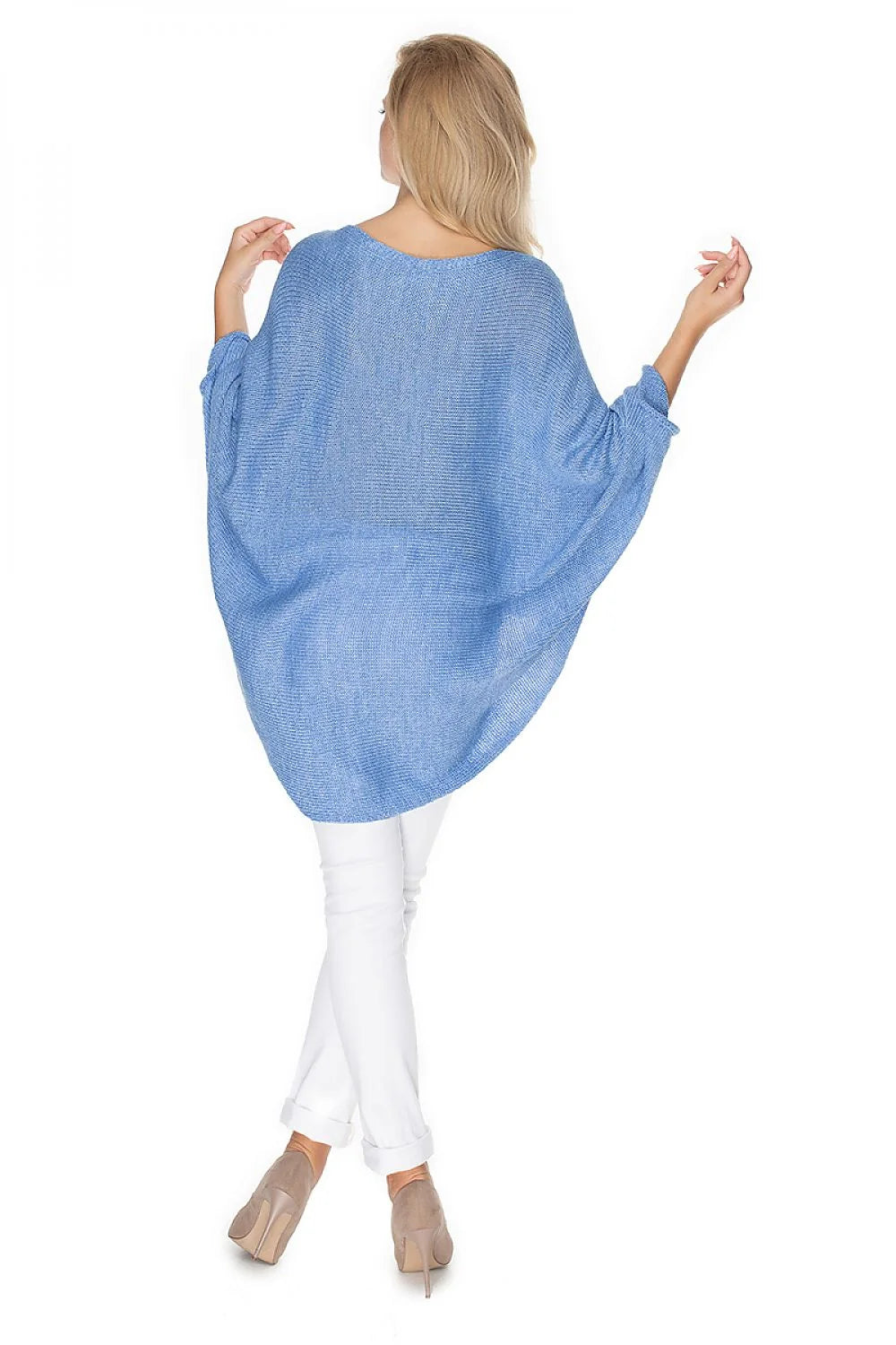 Poncho femme tricoté en maille bleu clair coupe oversize manches chauve-souris style décontracté chic
