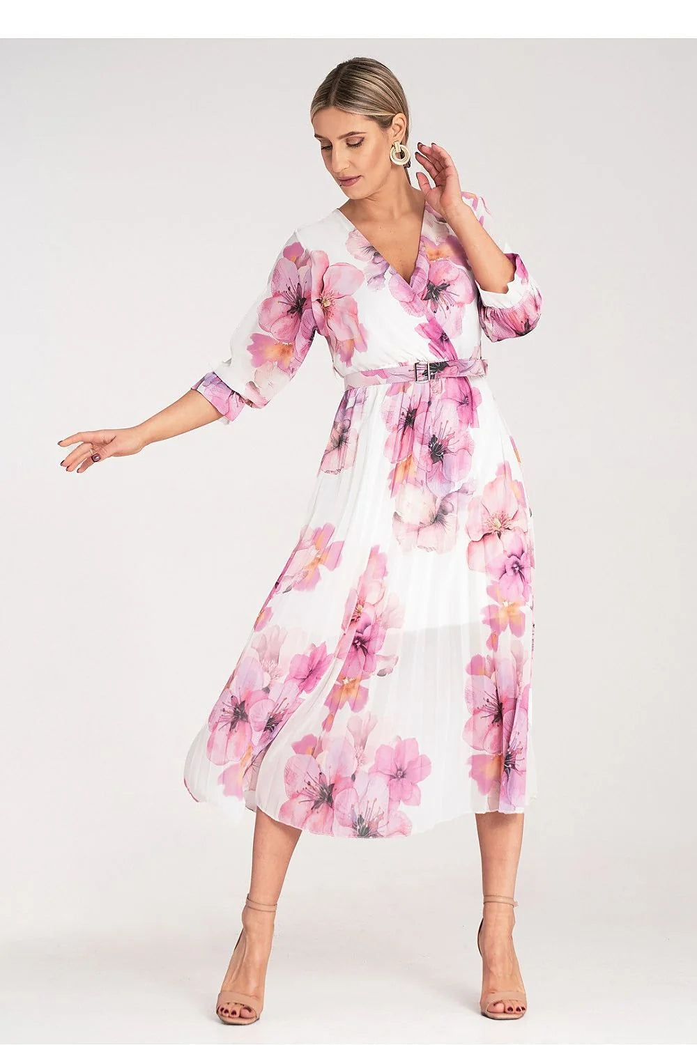Robe de jour Figl longueur midi imprimé floral décolleté V manches 3/4 taille élastique ceinture polyester elasthanne femmes occasion formelle style romantique moderne
