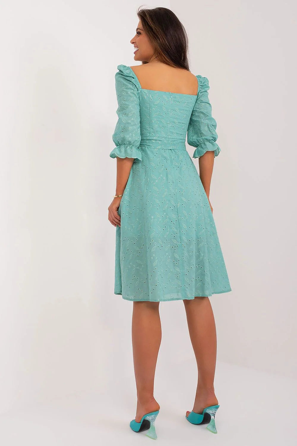 Robe de jour Lakerta été mi-longue manches mi-longues broderies feuilles coton aéré turquoise pastel