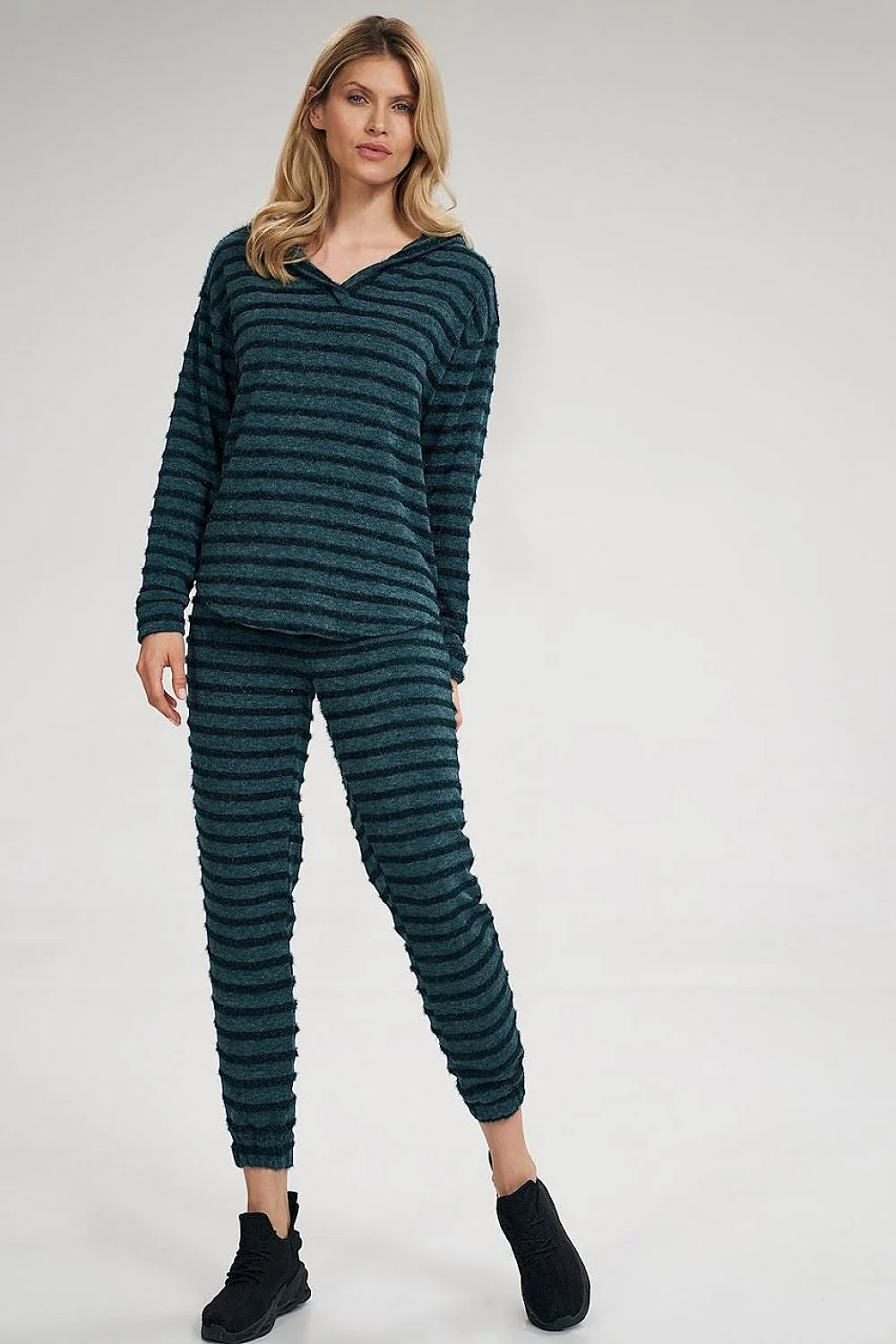 Ensemble mode femme sweat-shirt haut et pantalon ample capuche col V manches longues rayures bleu canard noir