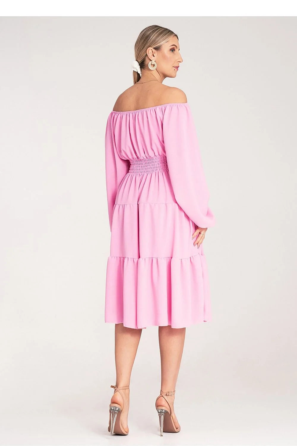 Robe de jour élégante off-shoulder manches longues en rose vif tissu fluide élasthanne polyester femme