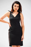 Robe de jour élégante ajustée épaules nouées décolleté V Polyester Elasthanne noire taille ajustable femme