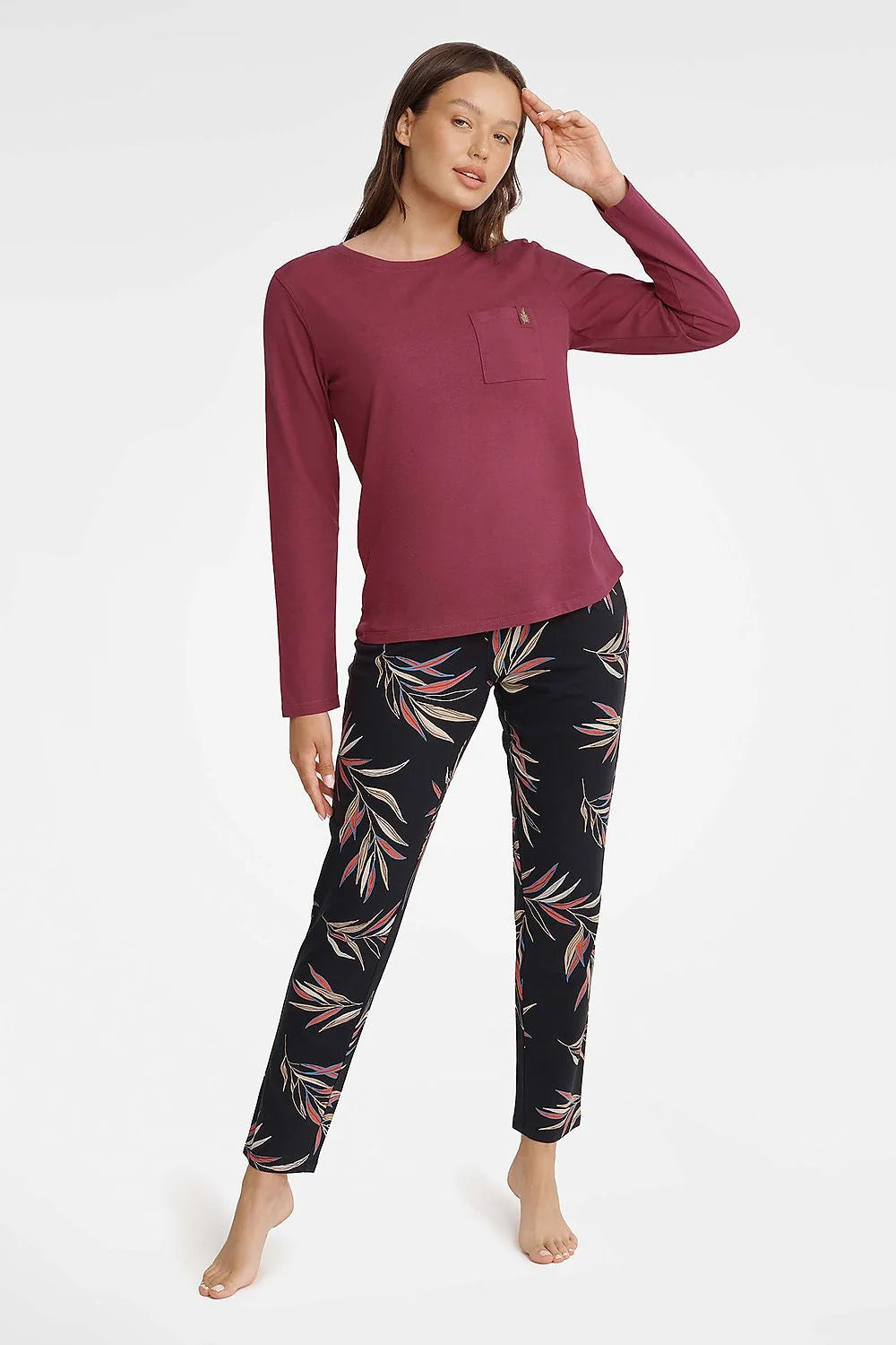 Pyjama Henderson femme deux pièces chemisier bordeaux pantalon motif coton 100% confort mode nuit