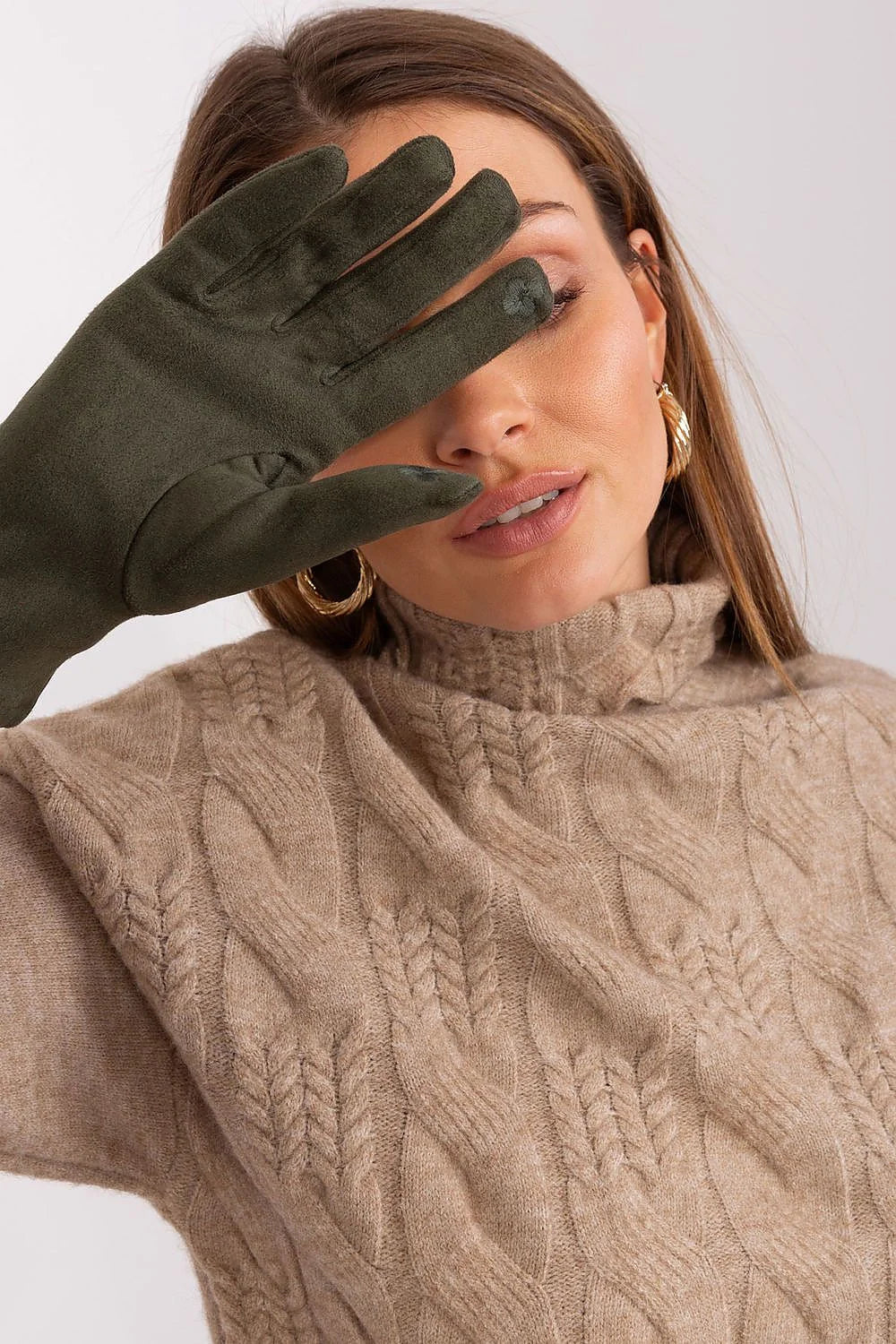 Gants élégants pour femmes en daim vert olive fleur brodée manchons cuir lisse boutons pression polyester spandex