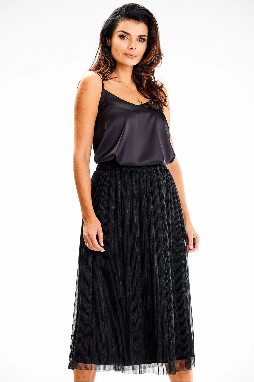 jupe midi Awama plissée maille scintillante satinée doublée taille élastique volume fluide noire élégante sophistiquée soirée chic