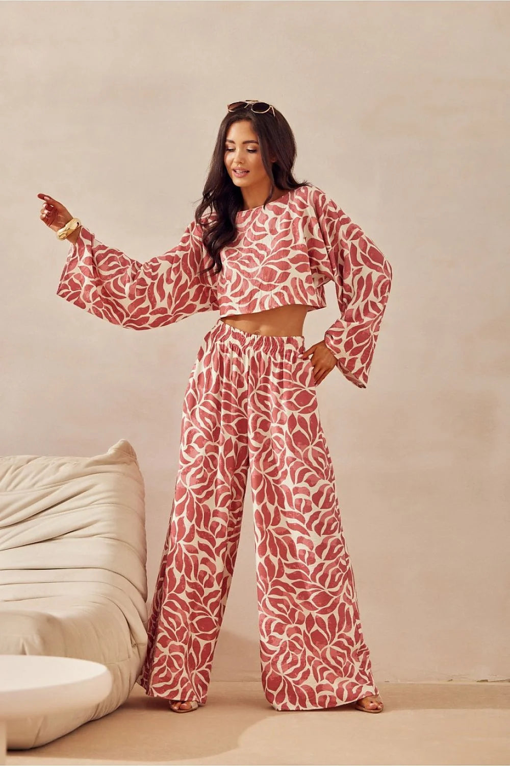 Ensemble été femme chemisier manches longues short évasé motif feuilles rose blanc mode été 2023 vêtement décontracté