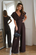 combinaison pantalon femme chic marron chocolat profond décolleté croisé manches kimono taille haute ceinture intégrée plis palazzo fluidité tombé structuré