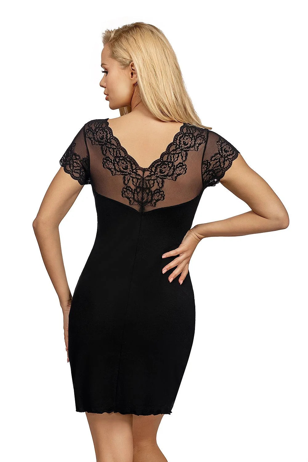Chemise de nuit élégante Donna en dentelle noire, manches courtes, encolure V, tissu doux, coupe droite, tailles S, M, L