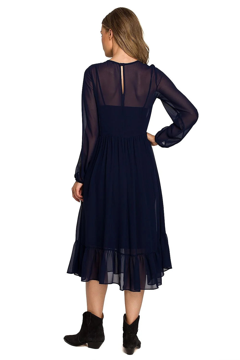Robe de cocktail élégante en mousseline de soie manches larges taille haute volants femme