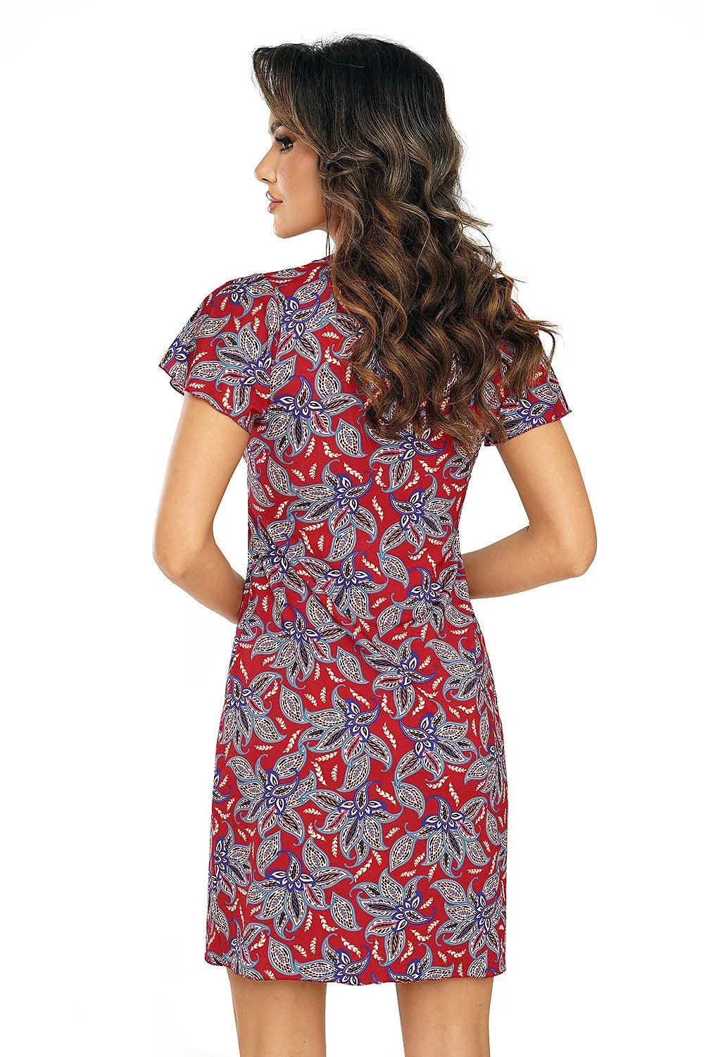 Robe femme courte ajustée motif floral rouges bleues dentelle neckline V manches courtes décontractée été