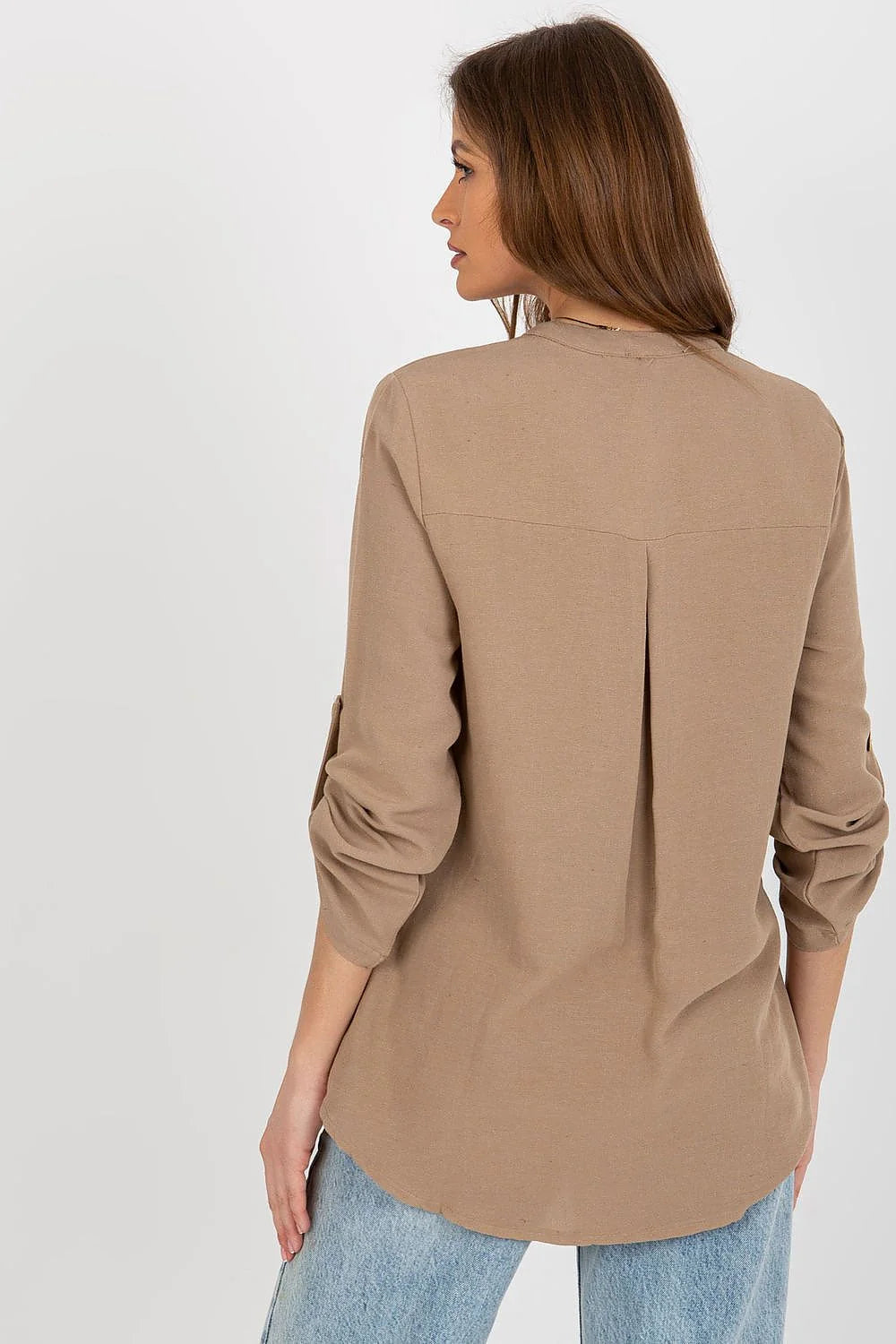 Chemisier Rue Paris à encolure ras du cou manches longues reversables beige coton len viscose femme