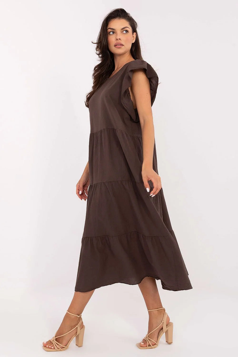 Robe bohème longue en coton manches courtes volants dos lacing couleur marron foncé femme