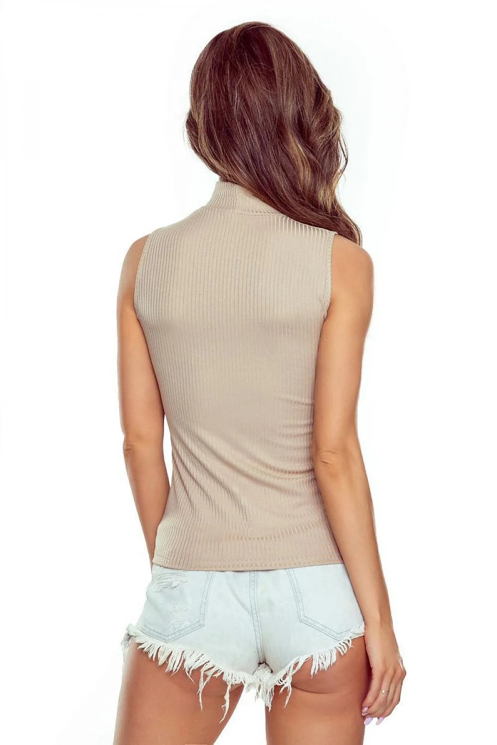 chemisier ajusté sans manches col roulé discret côtelé larges rayures maille extensible viscose élasthanne confortable élégant femme