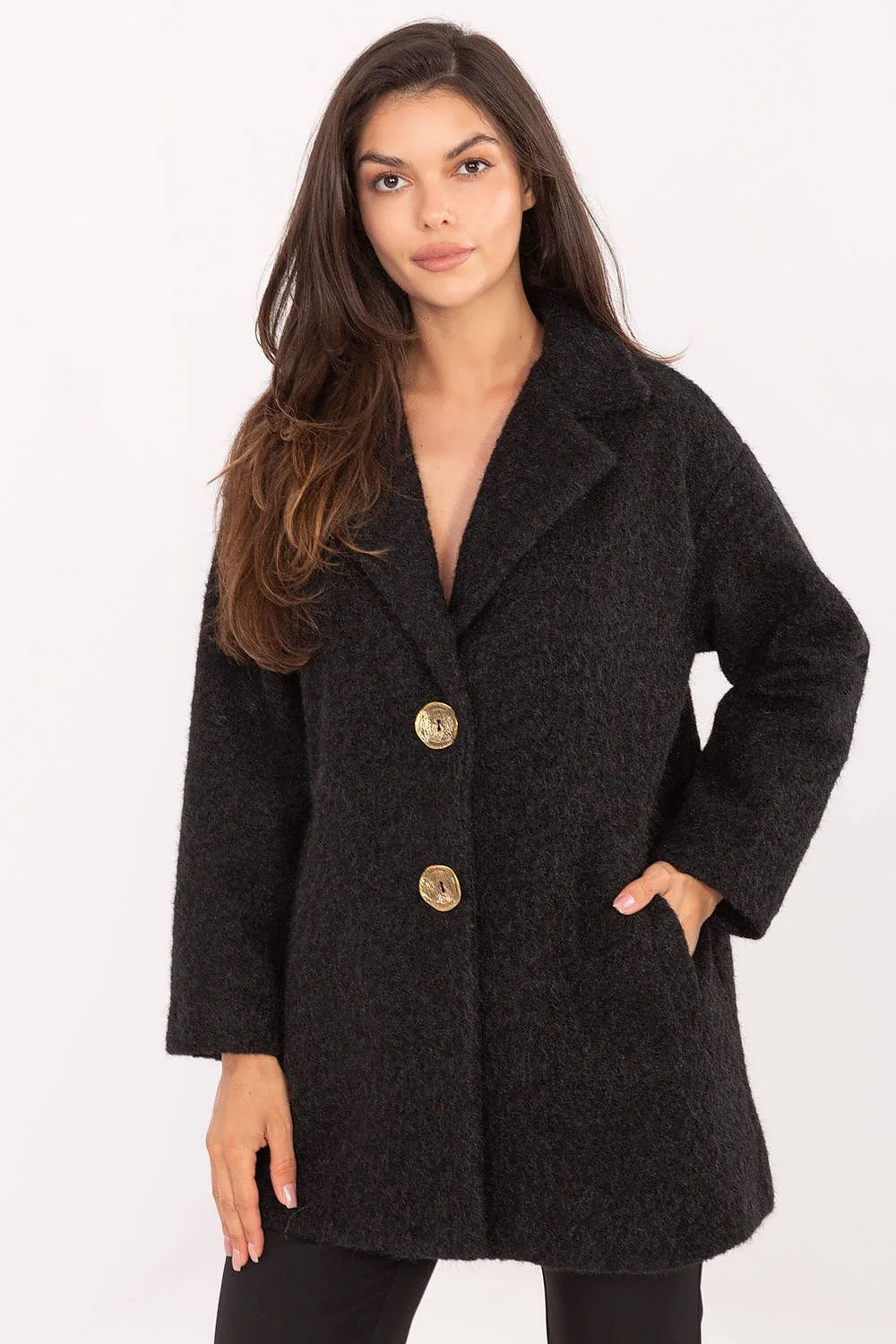 manteau femme mi cuisses bouclé noir col tailleur coupe droite oversize manches longues poches latérales boutons dorés texturé chic urbain