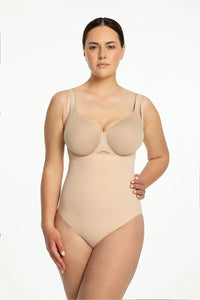 body gainant sculptant beige microfibre extensible lisse bonnets moulés armatures maintien buste ouvert bretelles réglables taille haute coupe échancrée