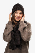 bonnet écharpe ensemble cachemire chèvre laine chaud doux pelucheux mohair look tricot côtelé brun foncé ajusté unique polyvalent
