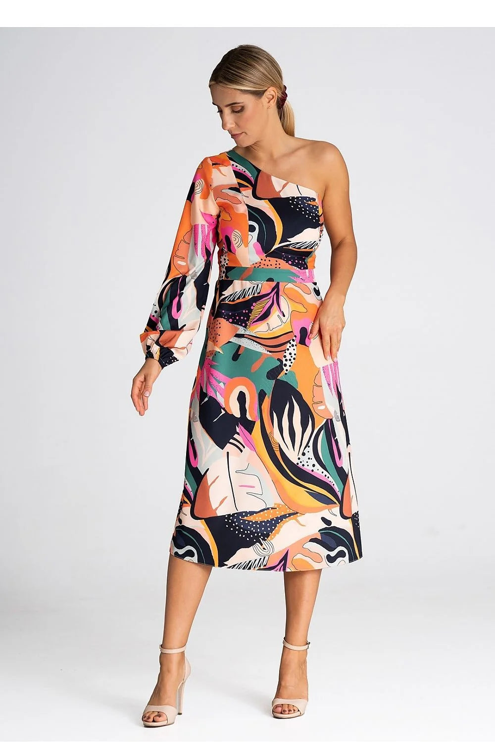 robe cocktail Figl asymétrique manche bouffante midi cintrée jupe évasée imprimé abstrait multicolore fluide polyester élasthanne vibrante artistique