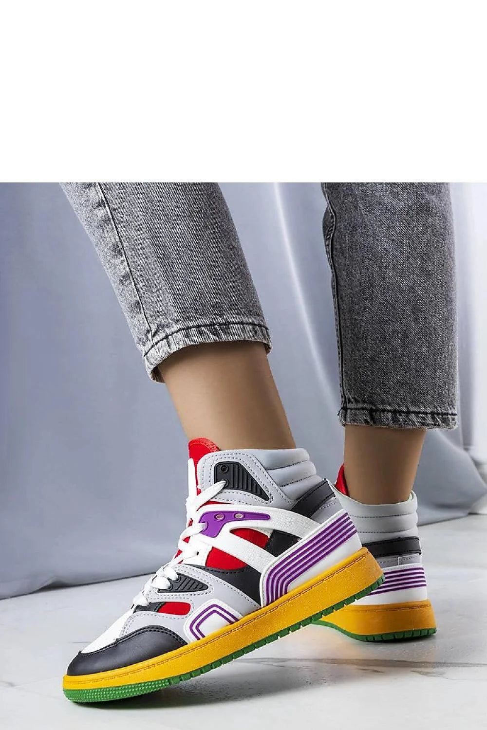 Baskets montantes audacieuses multicolores femmes cuir synthétique textile perforations semelle épaisse couleur verte jaune rouge violet noir blanc