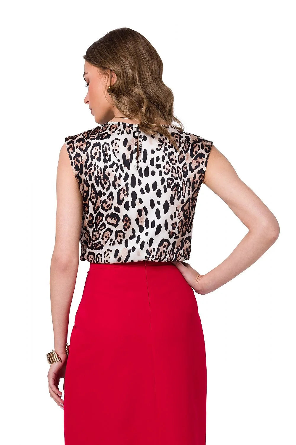 Chemisier Stylove sans manches en tissu imprimé animalier motif léopard en polyester 100% coupe droite ample col rond fronces encolure taille ajustable pour bureau ou sortie élégante