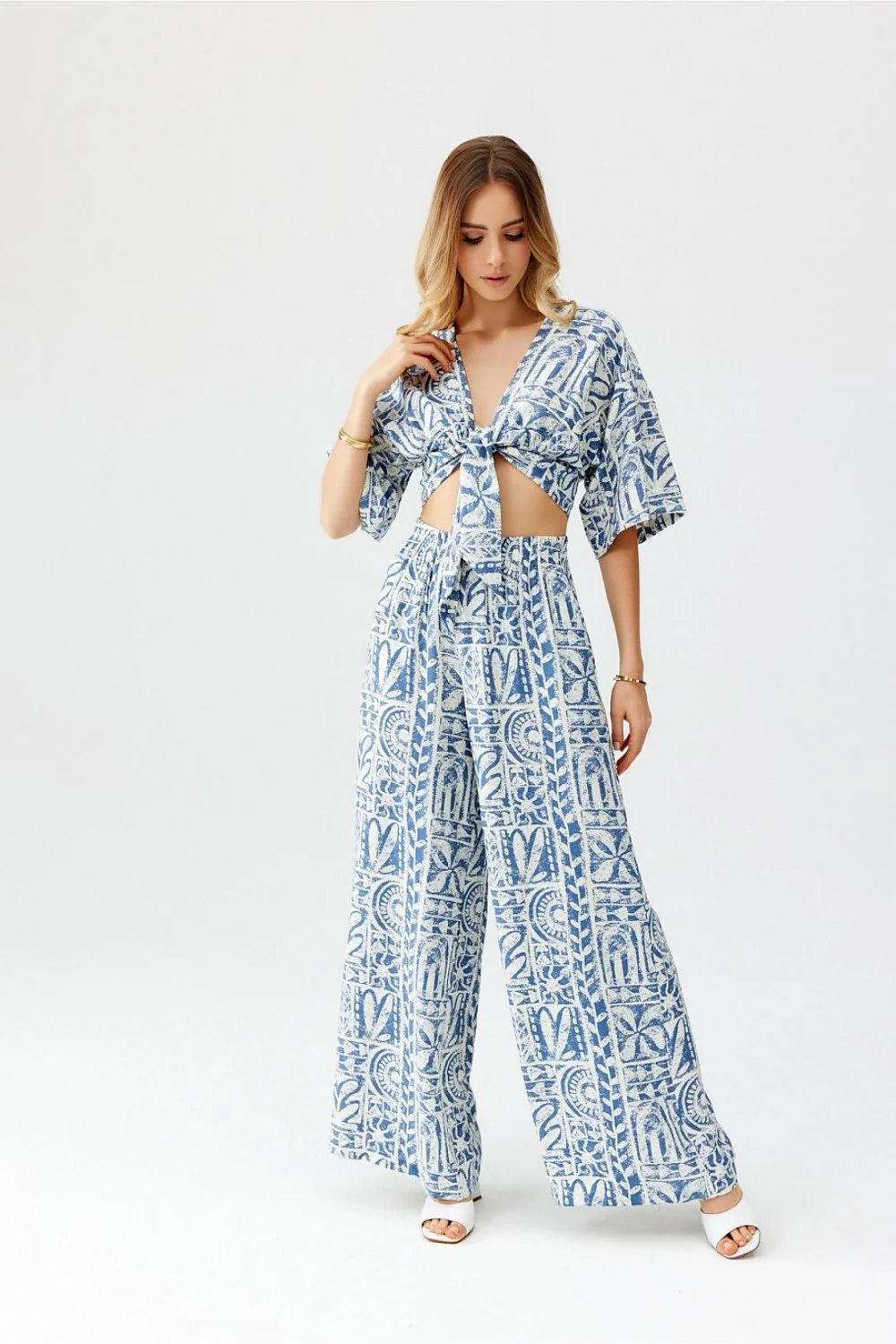 Ensemble femme été chic pantalon large taille haute haut V plongeant print imprimé bleu blanc matériau léger confortable