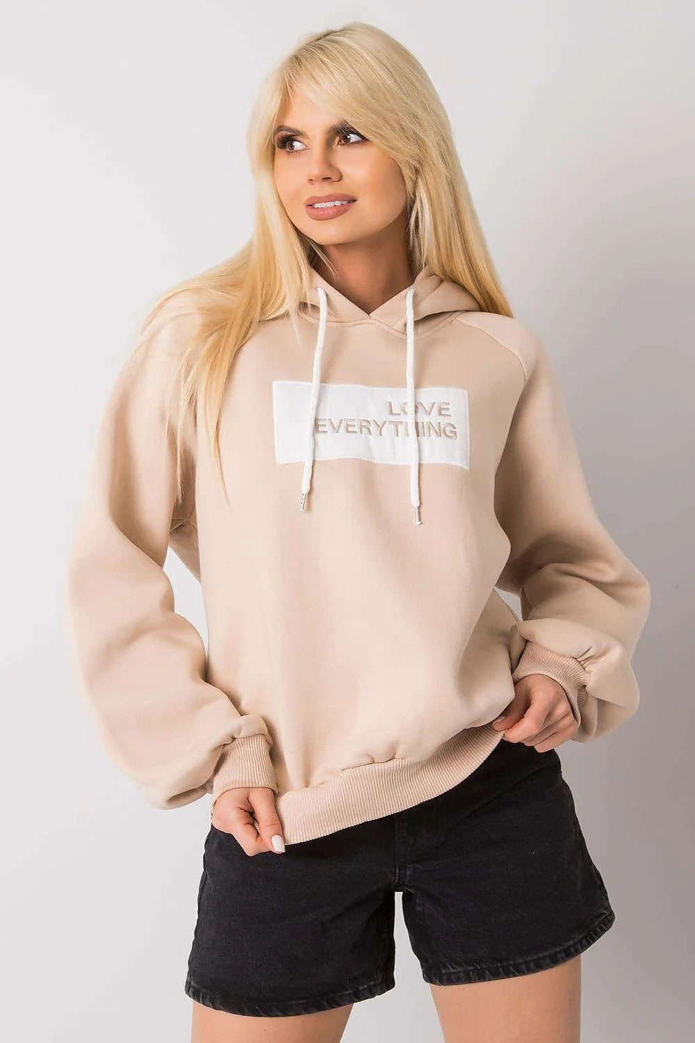 Sweatshirt à capuche pour femme design moderne décontracté marron avec inscription LOVE EVERYTHING coton polyester manches longues ample