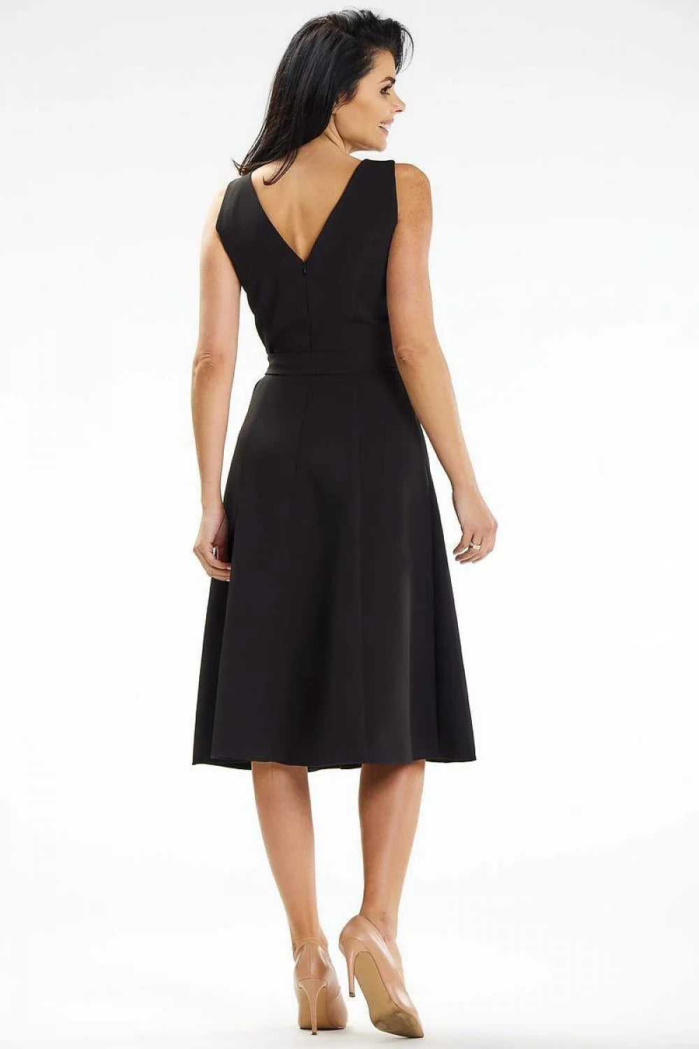Robe de jour élégante sans manches encolure bateau taille ajustable ceinture incluse couleur noire polyester elasthanne femme