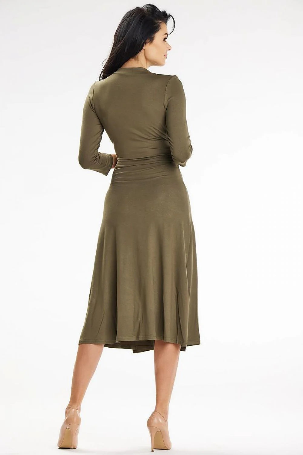 Robe midi chic moderne portefeuille 3/4 manches ceinture nouable kaki viscose elastane A-ligne V-encolure femme occasionnels