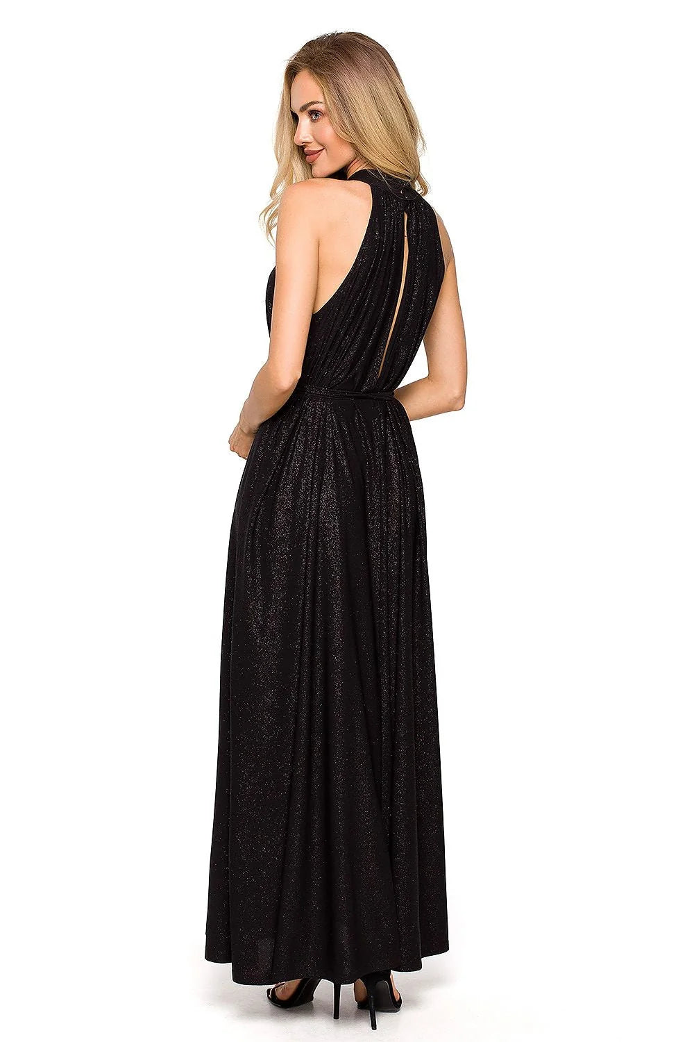 Robe de soirée élégante vert émeraude décolleté dos nu tissu brocart ceinture en chaîne dorée femme mariage gala