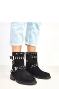 bottines femme cuir suédé écologique noir motardes mi mollet bout rond talon bloc 4cm tige 18cm sangles boucles zircons brillants