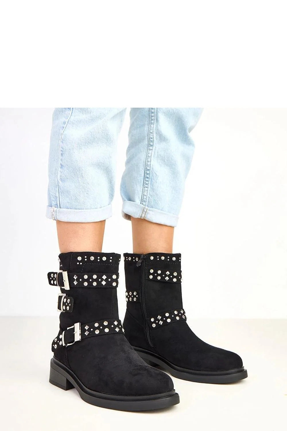 bottines femme cuir suédé écologique noir motardes mi mollet bout rond talon bloc 4cm tige 18cm sangles boucles zircons brillants
