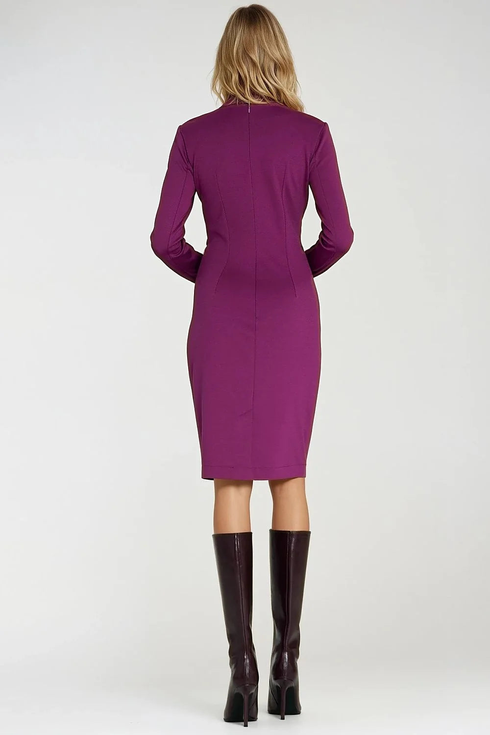 robe ajustée élégante cintrée décolleté cache coeur V manches longues jupe crayon genoux fermeture invisible tissu extensible doux viscose spandex
