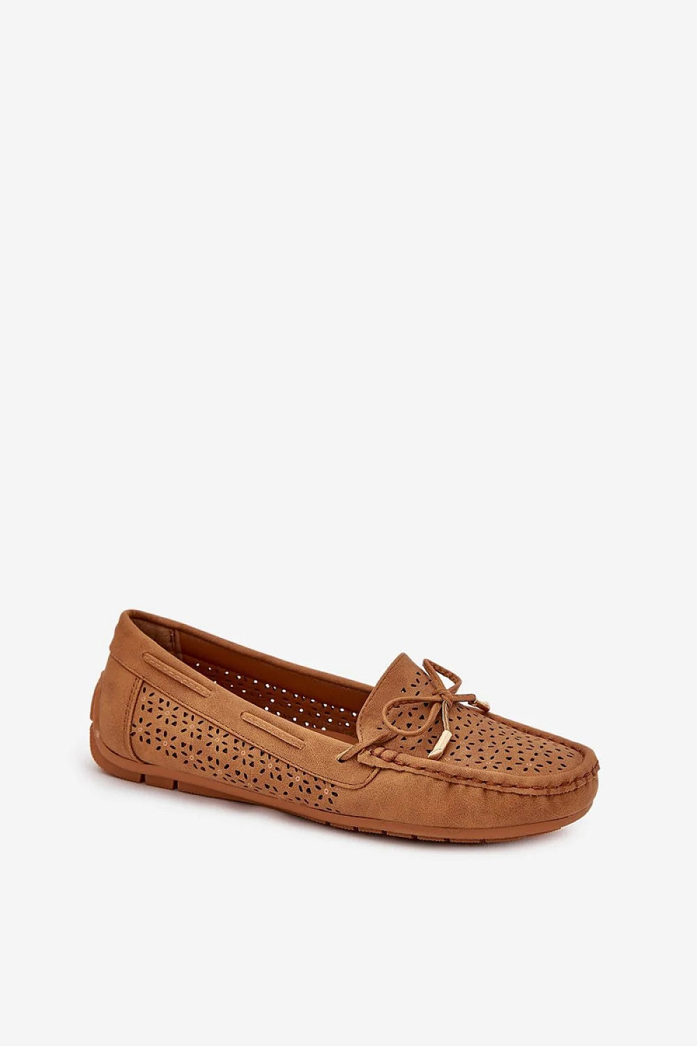 Moccasins femmes cuir suédé camel floral perforé nœud doré style casual confortable printemps été