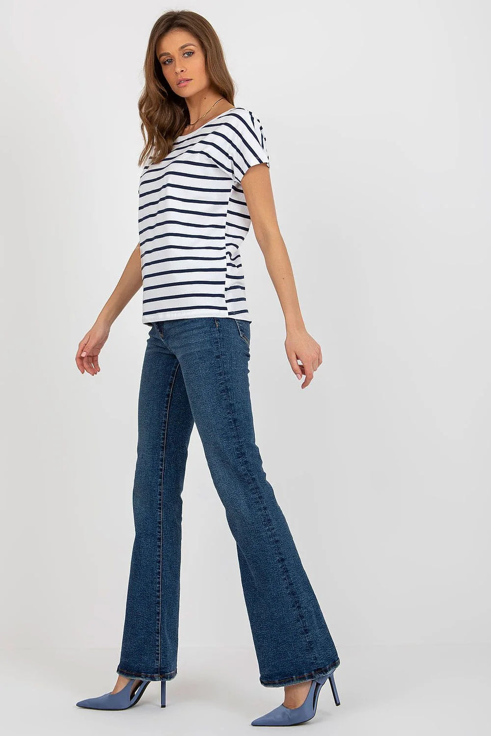 T-shirt à rayures bleu marine et blanc pour femme, coupe décontractée, manches courtes, encolure ronde, tissu coton elasthanne, taille ajustable