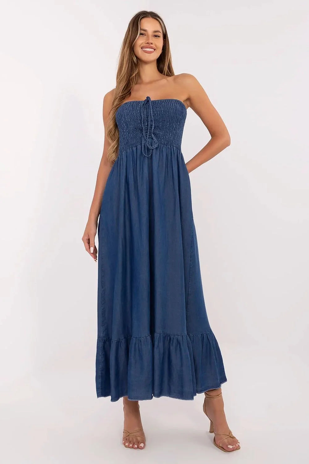 Robe de jour élégante longue sans manches bleu indigo bustier smocké volants femmes été