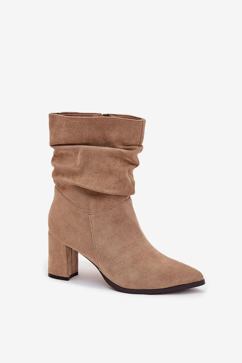 bottines femme suédine écologique taupe slouch froncée bout pointu talon bloc moyen silhouette élancée doublure fourrure synthétique fermeture éclair latérale