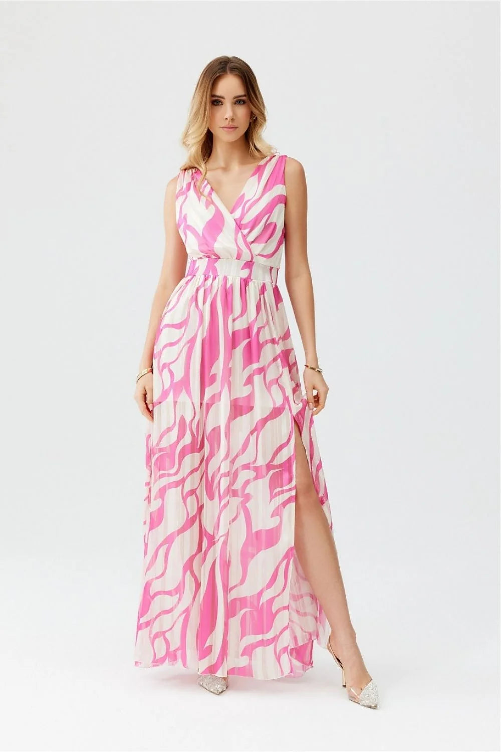 Robe de jour Roco Fashion longue sans manches en V dos nu tailleur ajusté fente jupe plissée rose vif femmes