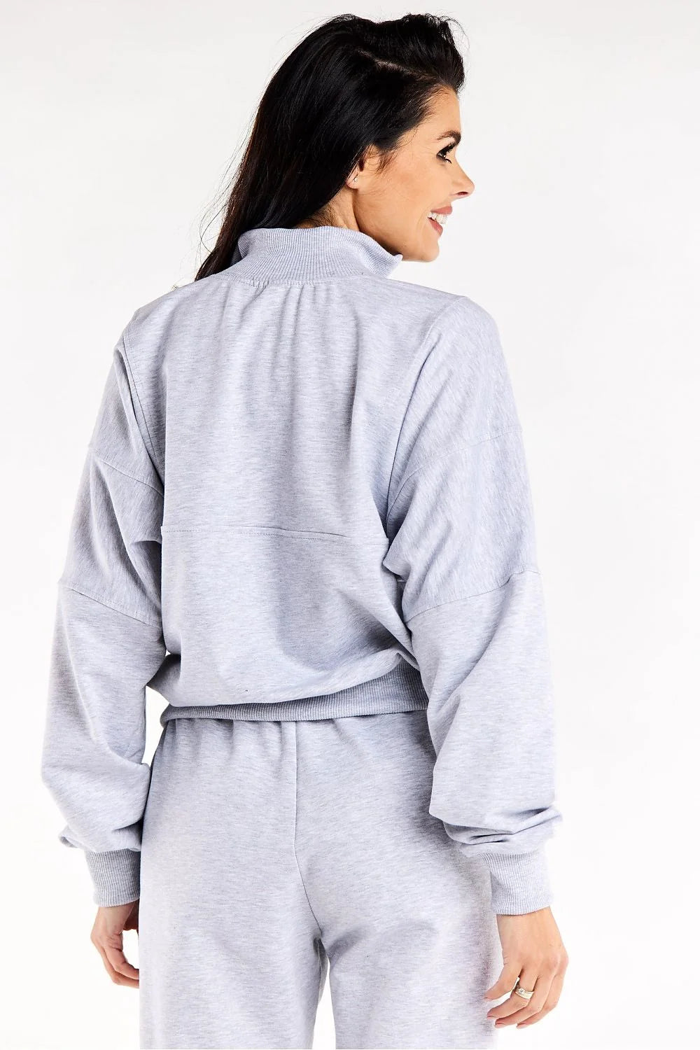 sweatshirt femme oversize gris chiné demi zip col montant côtelé manches longues poches latérales molleton doux stretch respirant sport
