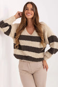pull femme oversize maille bouclette pelucheuse rayures horizontales beige crème brun foncé encolure V manches longues ballon boxy cropped ajusté