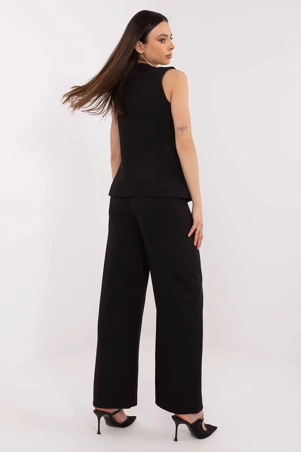 ensemble Italy Moda femme noir tailleur gilet colV profond boutons dorés pantalon large taille haute fluide élégant professionnel confortable stretch