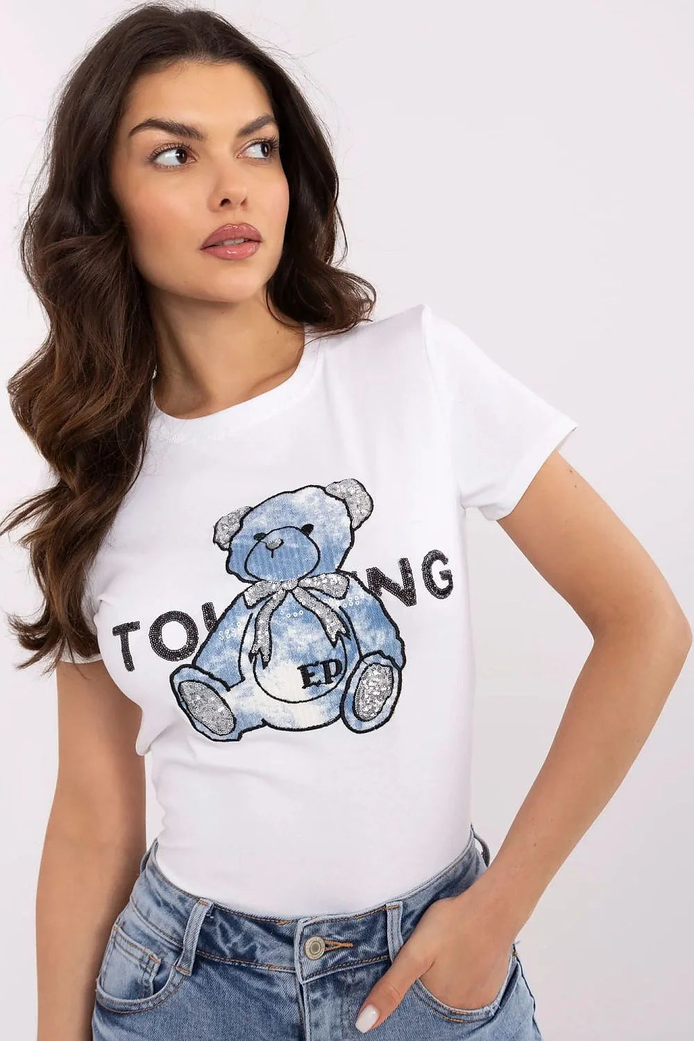 T-shirt femme blanc ours en peluche paillettes coton élasthanne manches courtes col rond ajusté