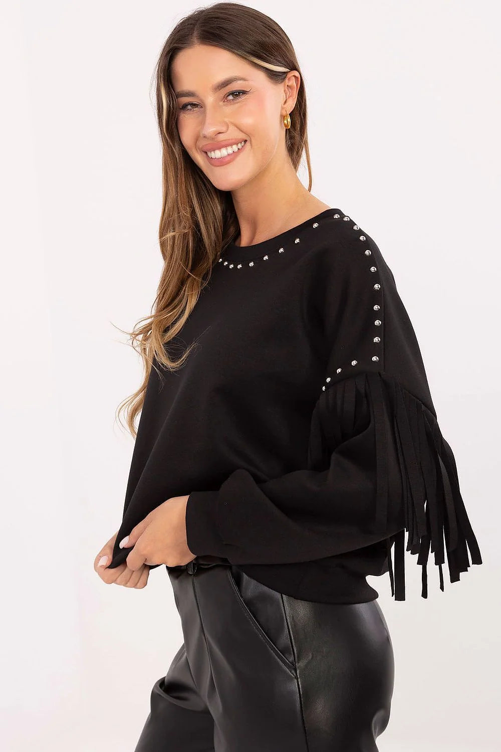 sweatshirt femme noir col rond molleton viscose polyester coupe droite ample bords côtes poignets manches longues franges clous argentés